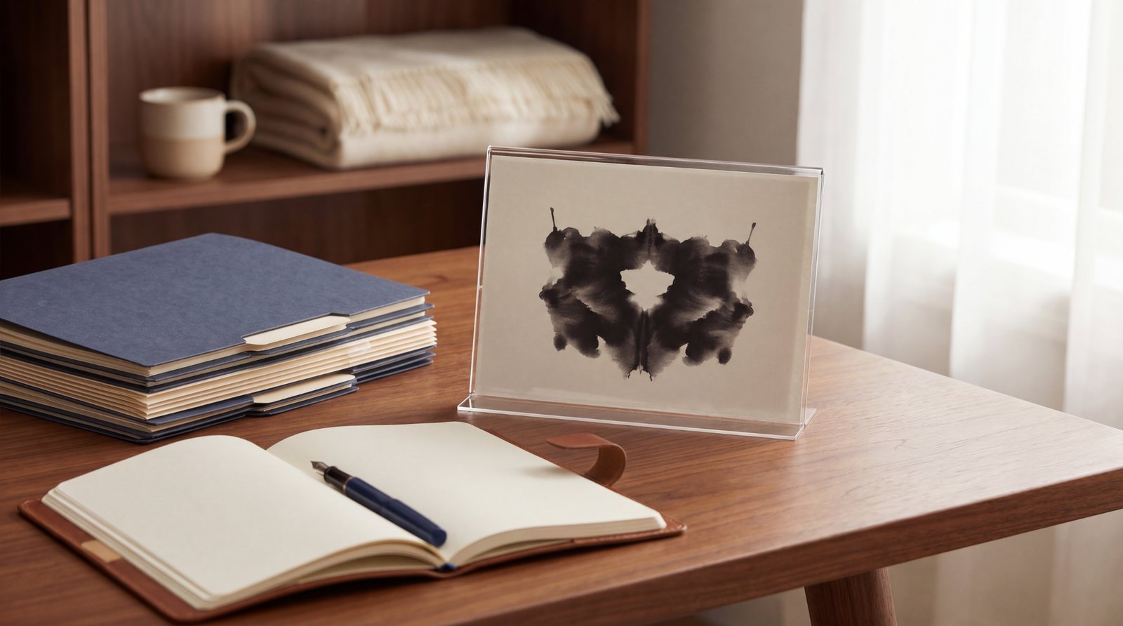 Close detail of Rorschach assessment material, notebook, and folders