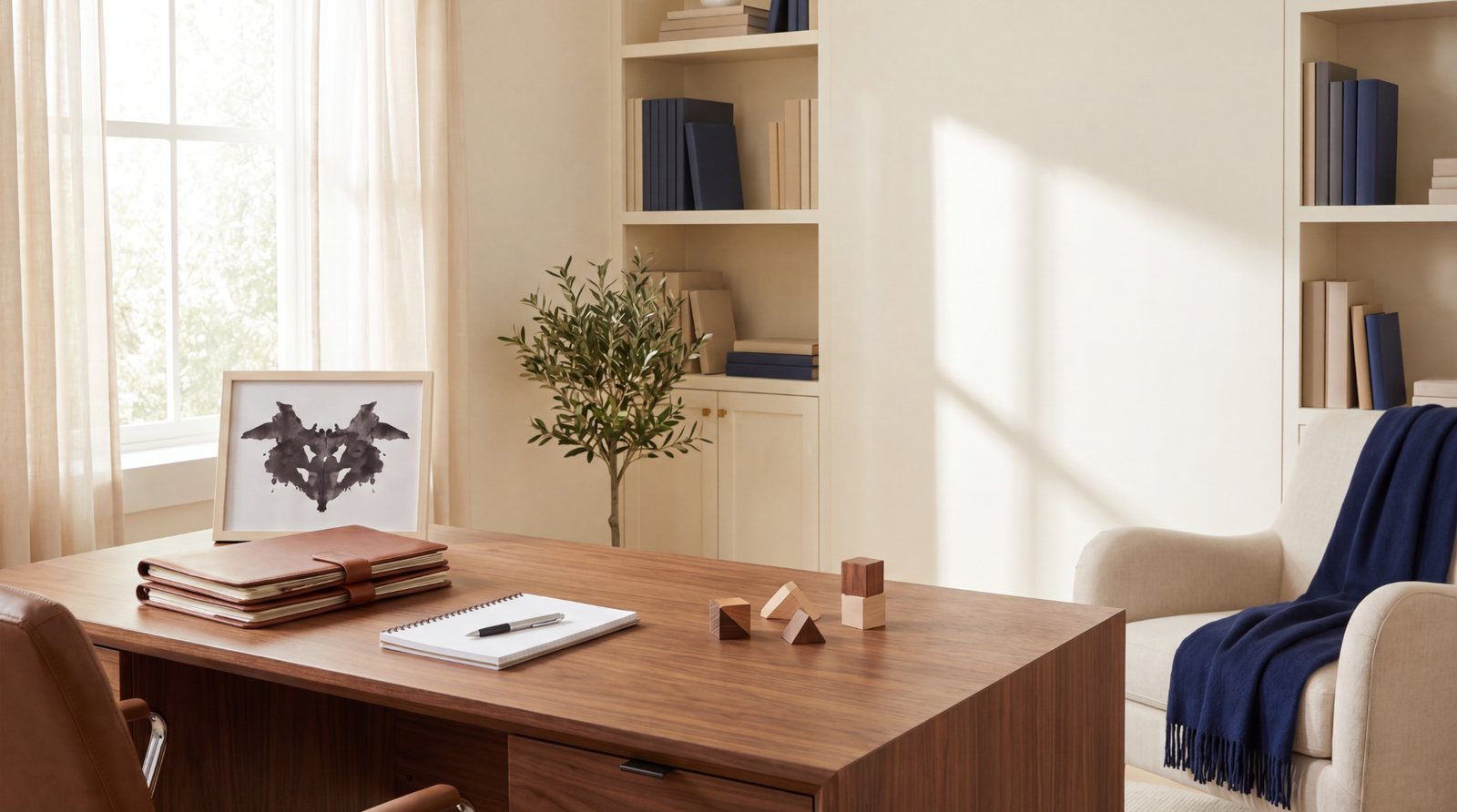 Psychological assessment workspace with Rorschach material