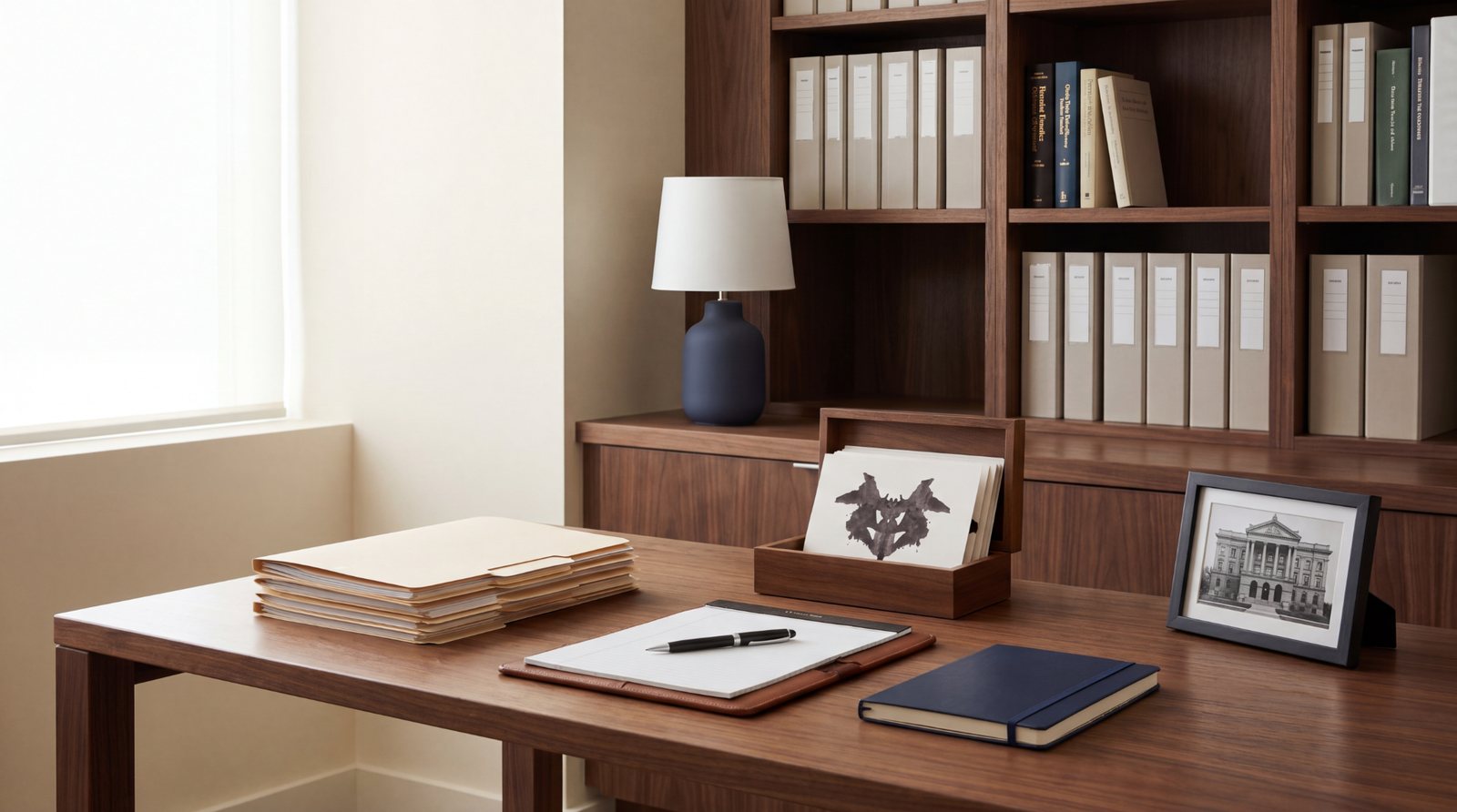 Organized forensic evaluation records, assessment materials, and architectural photograph