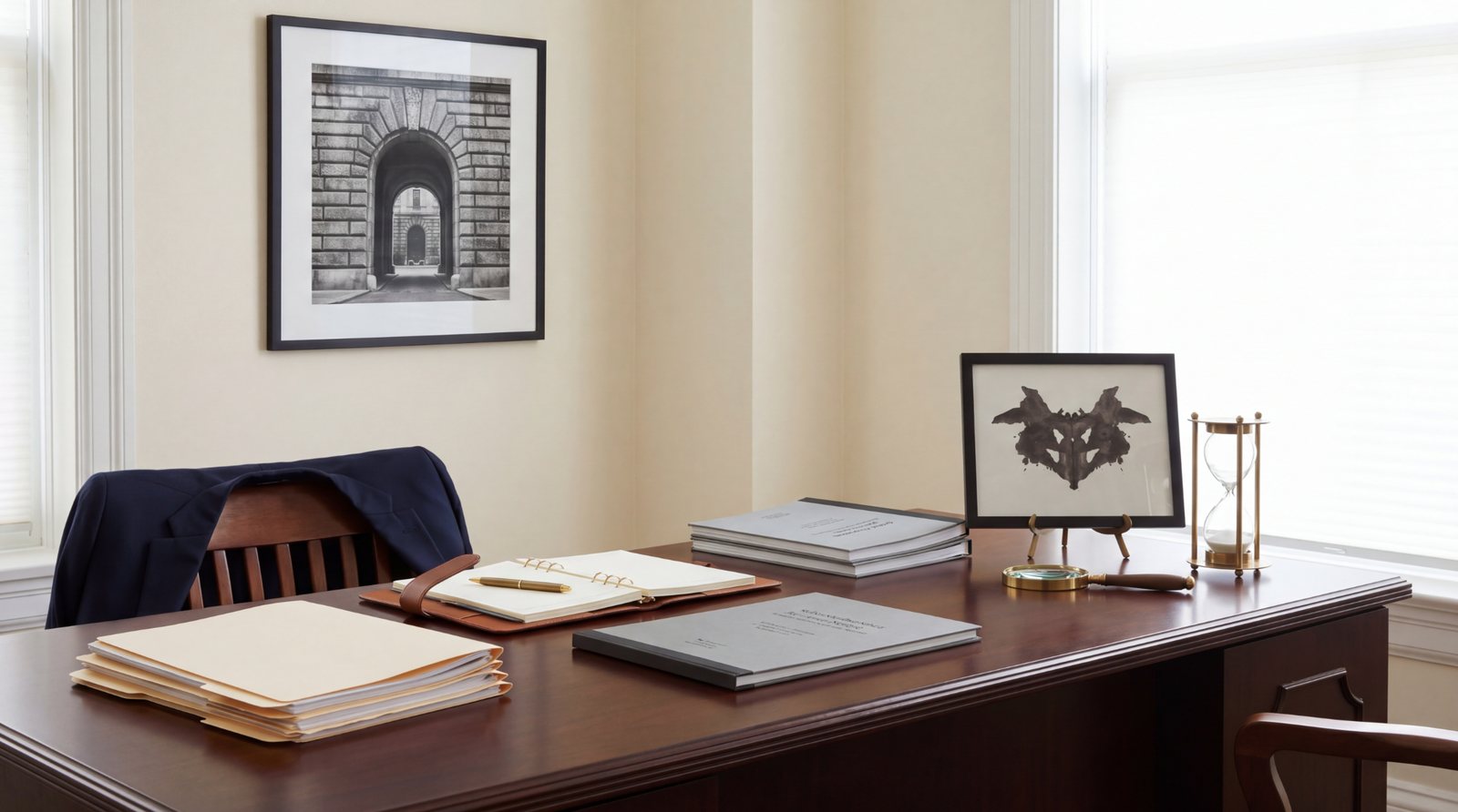 Forensic psychological assessment office with records, Rorschach material, and architectural detail