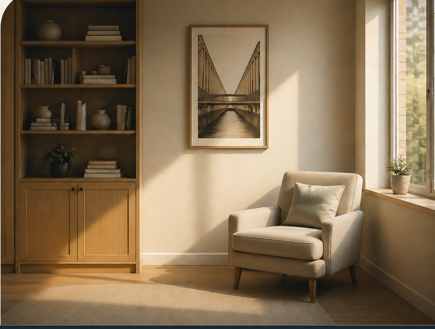 Quiet therapy room with chair, bookshelf, and framed bridge artwork