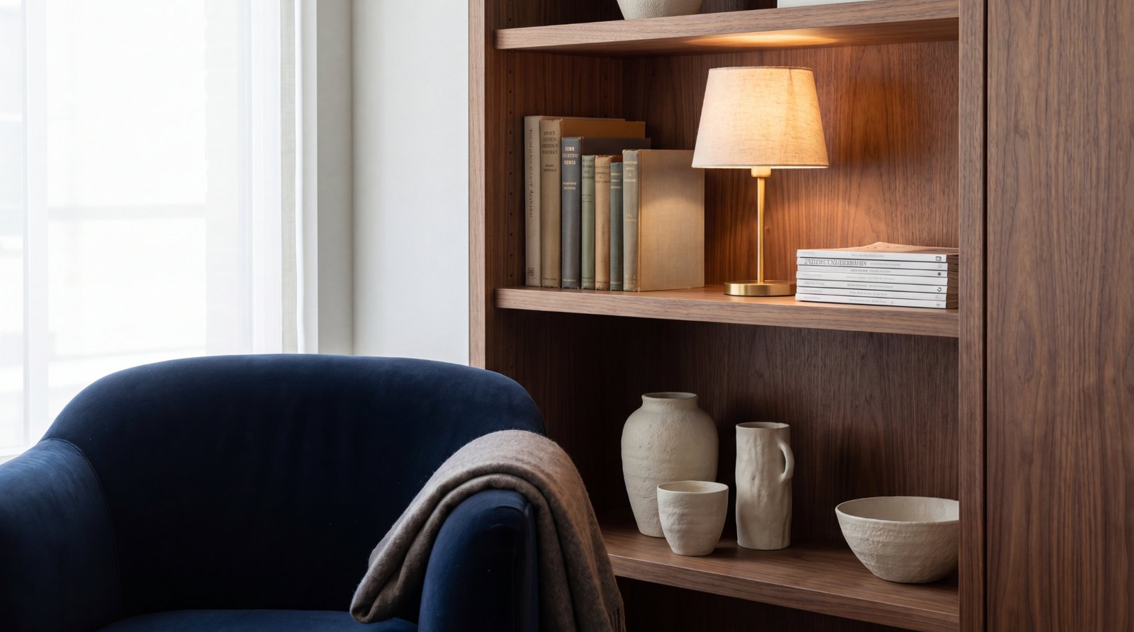 Therapy office shelf and warm lighting