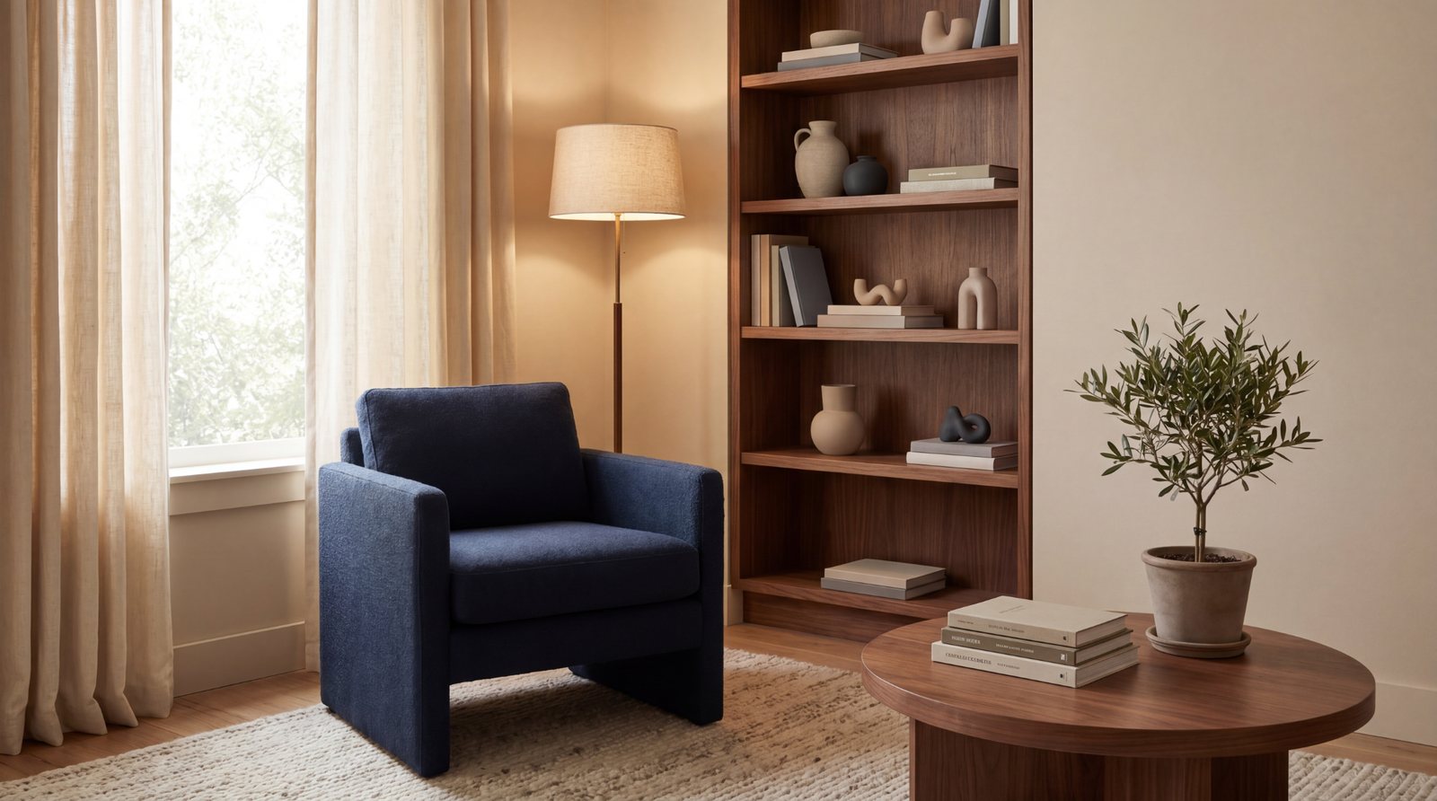 Warm psychotherapy office with navy chair