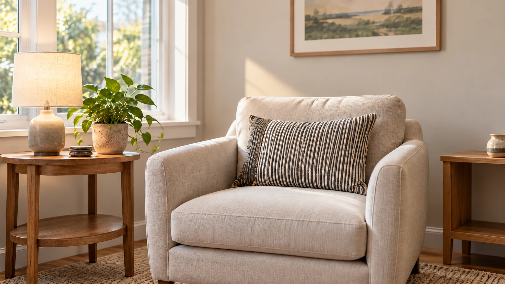 Warm psychotherapy room with upholstered chair, lamp, plant, and soft natural light