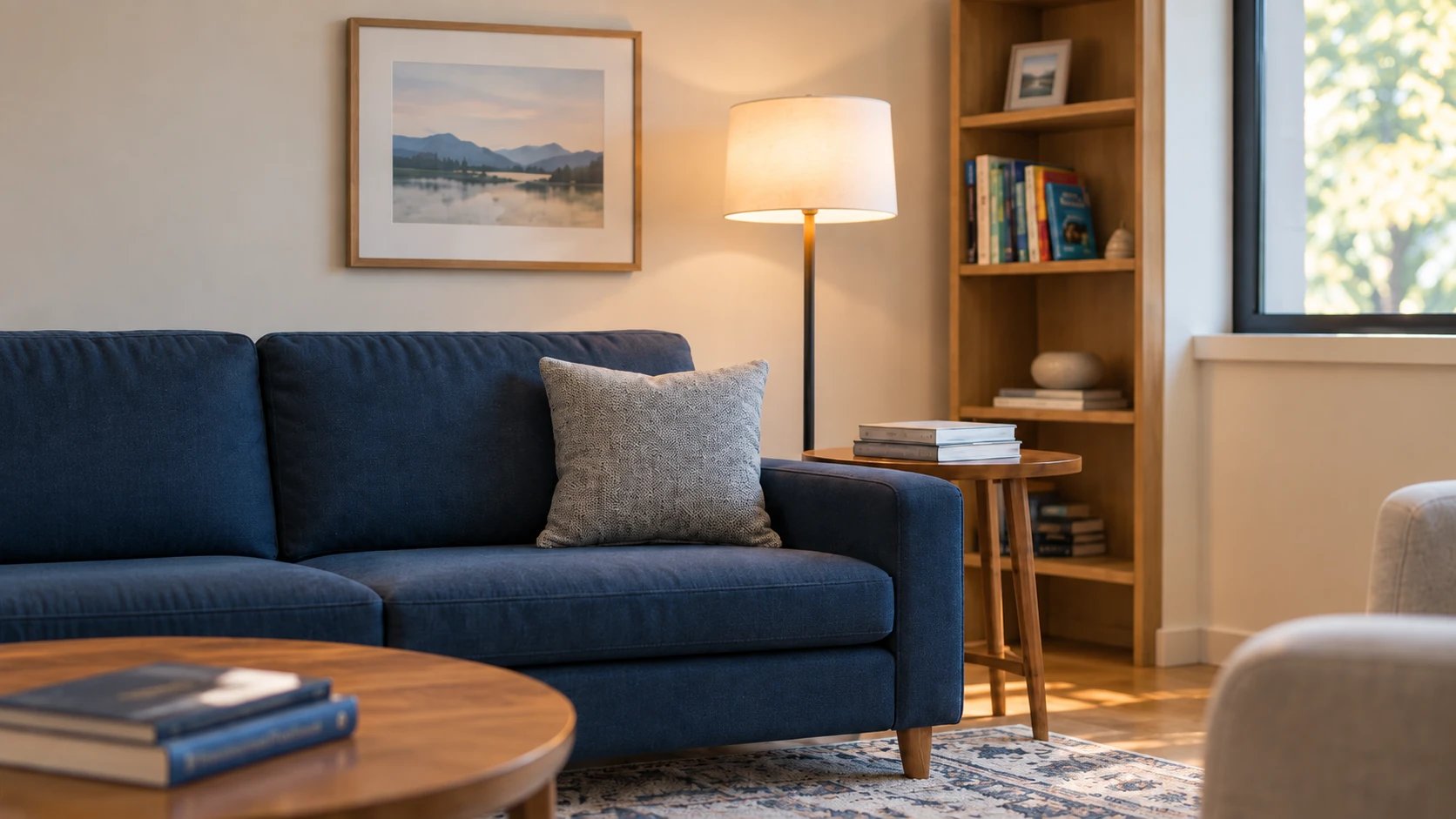 Warm Stonebridge therapy room with blue sofa, lamp, shelving, and natural light